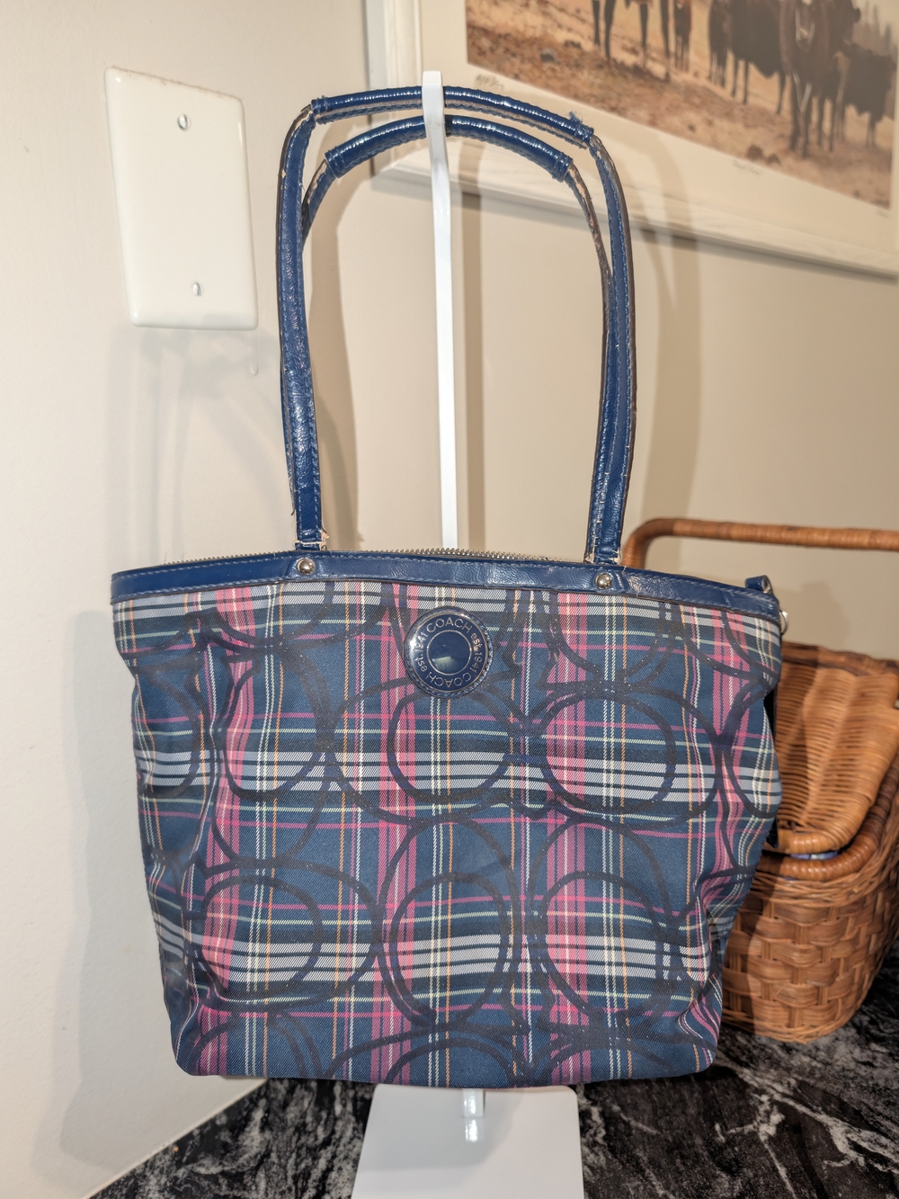 Coach Navy Plaid Signature Tote Bag BAD SHAPE!!!!